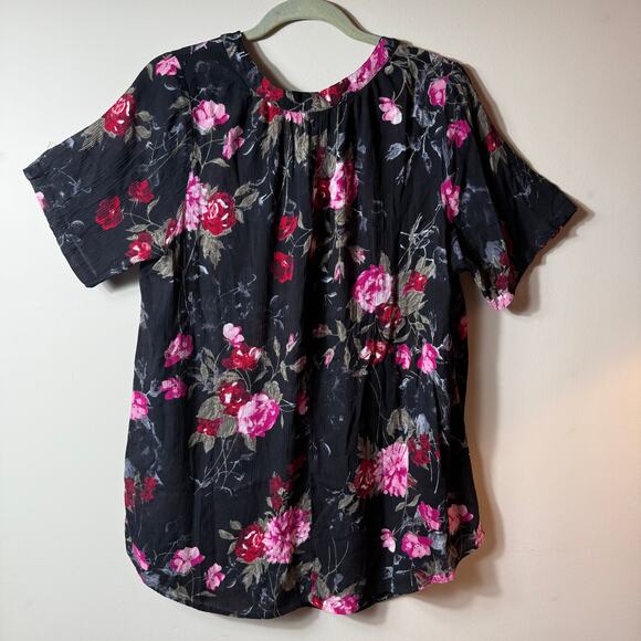 Roaman's Women Floral Blouse SZ 18W Romantic Black Semi Sheer Textured Button Up - Picture 2 of 4